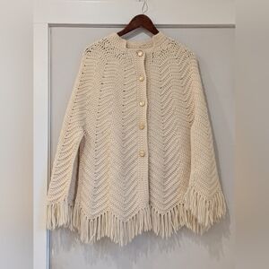 Women's Hand Knit Cream Knit Fringe Cardigan Cape M/L